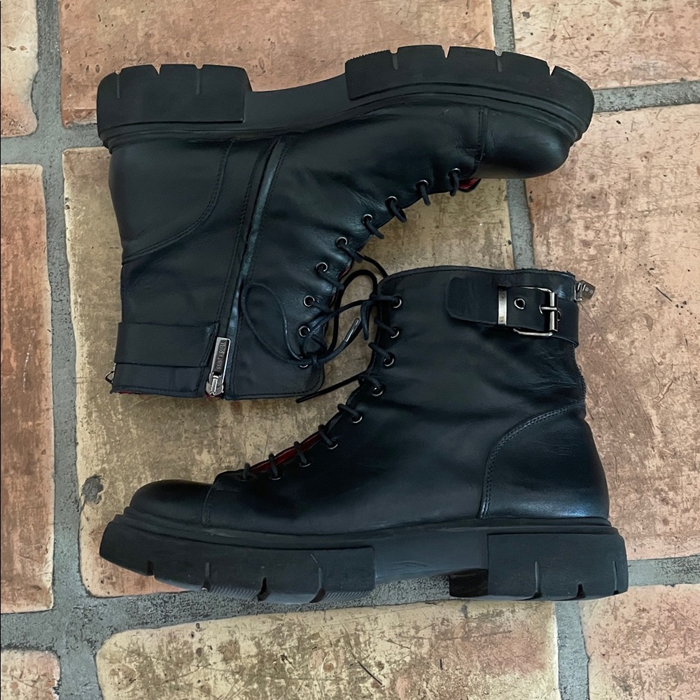 Saint + Sofia Size 42 Black Leather Lace-Up Combat Moto Boots with Red Interior - Picture 11 of 15